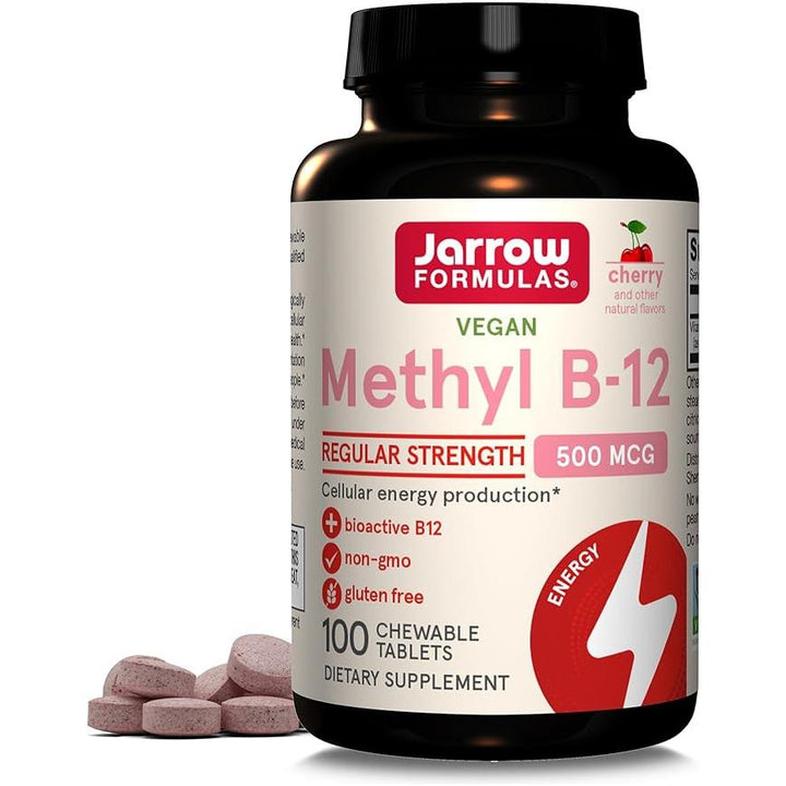 Jarrow Formulas Methyl B-12 de potencia regular vegano sabor cereza 500 mcg 100 comprimidos masticables