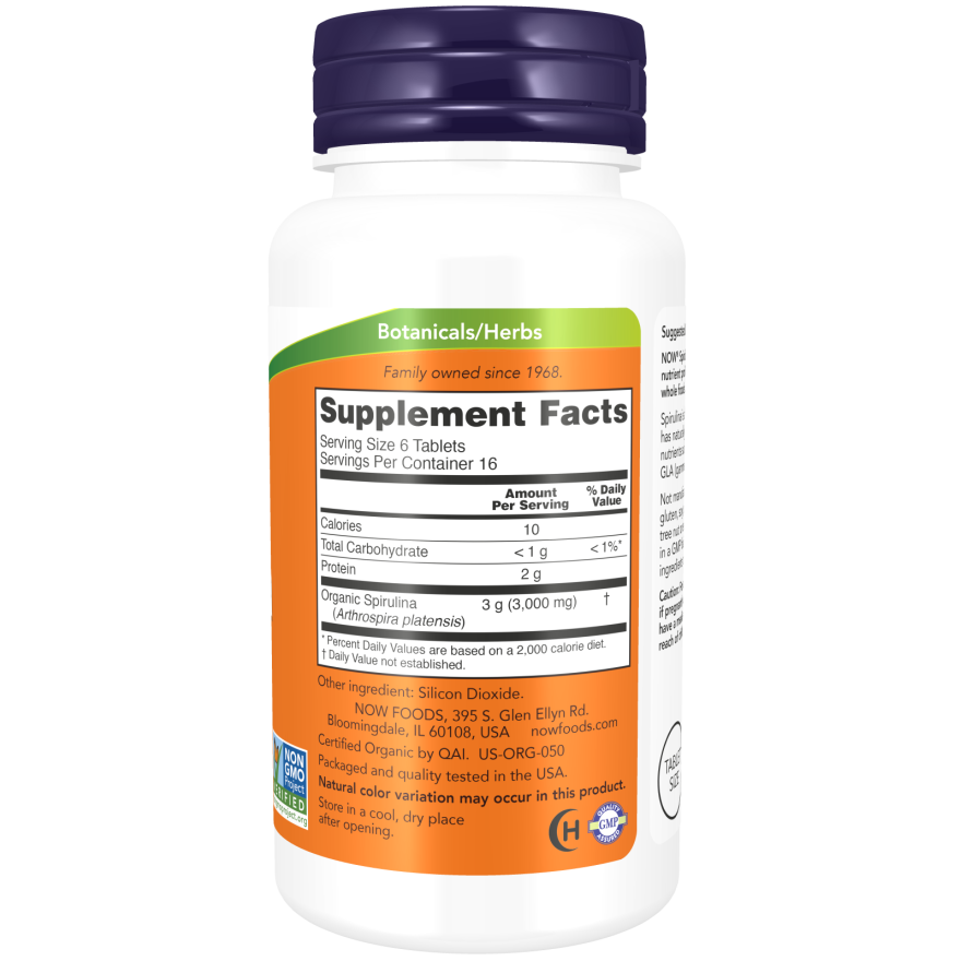 NOW Foods Spirulina 500 mg, Organic 100 Tablets