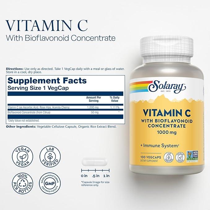 Vitamina C de Solaray - 1000 mg con escaramujos, acerola y bioflavonoides 100 cápsulas