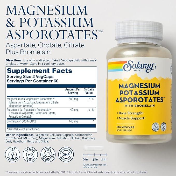Solaray Magnesium and Potassium Asporotates with Bromelain 120 Capsules