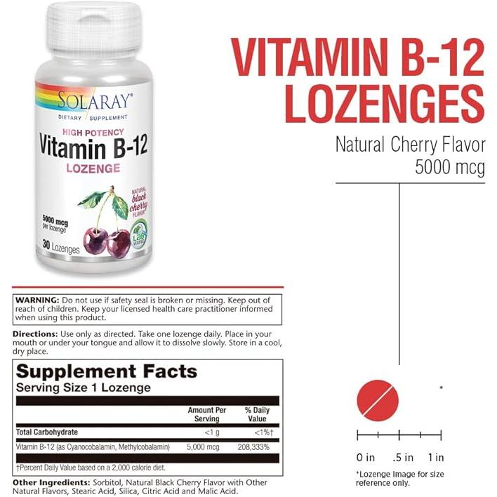 Solaray Vitamin B-12 Lozenge Black Cherry 5000 mcg 30 Lozenges