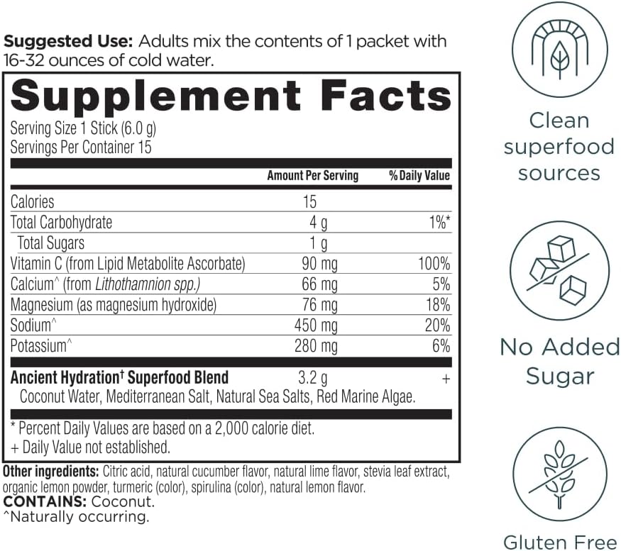 Ancient Nutrition Rapid Hydration Powder, Lemon Lime, Electrolytes 15 packets