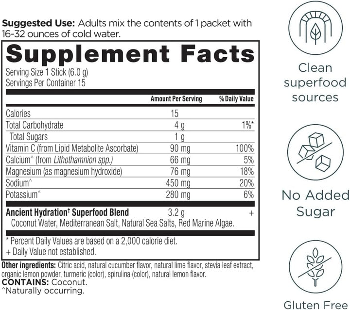 Ancient Nutrition Rapid Hydration Powder, Lemon Lime, Electrolytes 15 packets