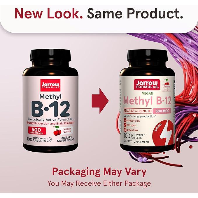 Jarrow Formulas Methyl B-12 de potencia regular vegano sabor cereza 500 mcg 100 comprimidos masticables