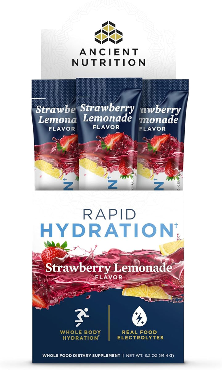 Ancient Nutrition Rapid Hydration Powder, Strawberry Lemonade, Electrolytes 15 Packets