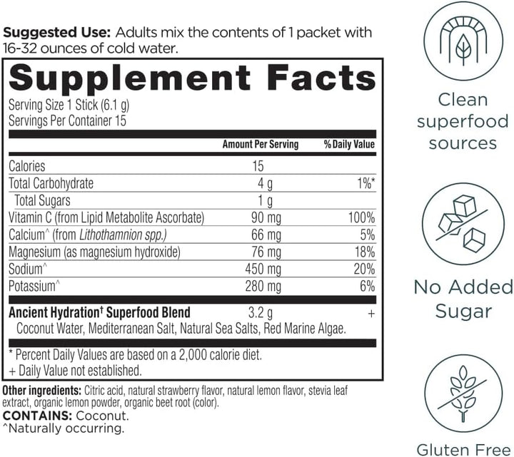 Ancient Nutrition Rapid Hydration Powder, Strawberry Lemonade, Electrolytes 15 Packets