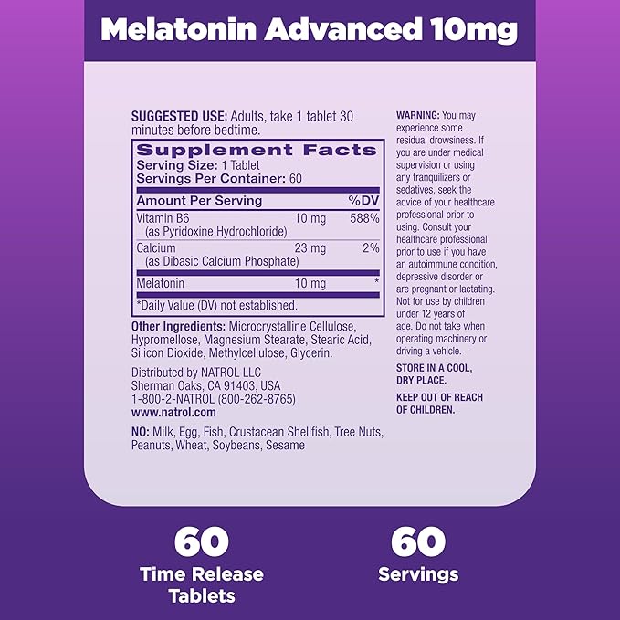 Natrol Advanced Sleep Melatonina de máxima potencia, liberación controlada, 10 mg, 60 comprimidos 