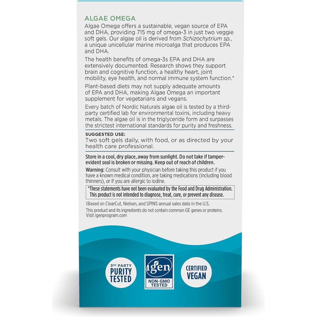 Nordic Naturals Algae Omega 120 Soft Gels 715 mg Omega-3 Certified Vegan Algae Oil