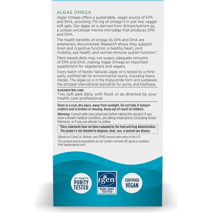 Nordic Naturals Algae Omega 120 Soft Gels 715 mg Omega-3 Certified Vegan Algae Oil