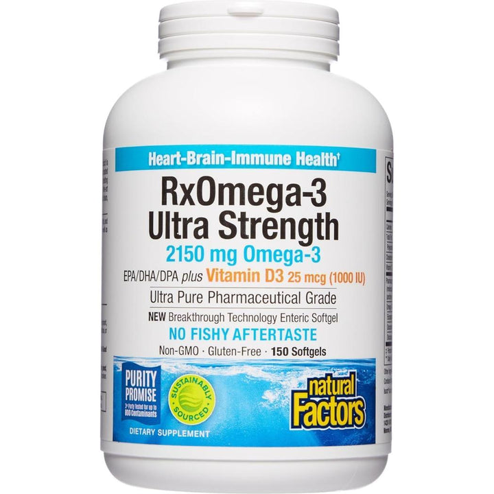 Natural Factors RxOmega-3 Ultra Strength Fish Oil with Vitamin D3a 150 mg, 150 Softgels