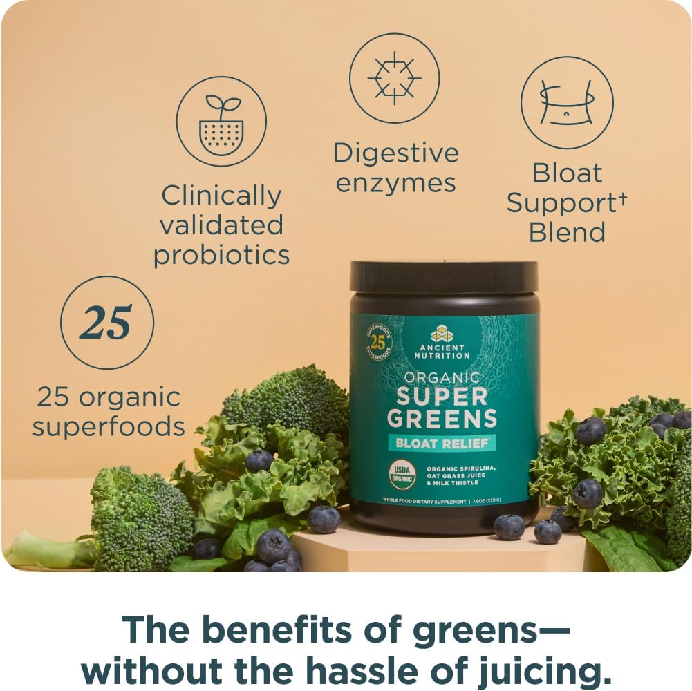Ancient Nutrition Organic SuperGreens Bloat Relief, Digestive Enzymes, Prebiotic Fiber & Probiotics, Supports Bloat Relief & Digestive Health, 25 Superfoods, 25 Servings