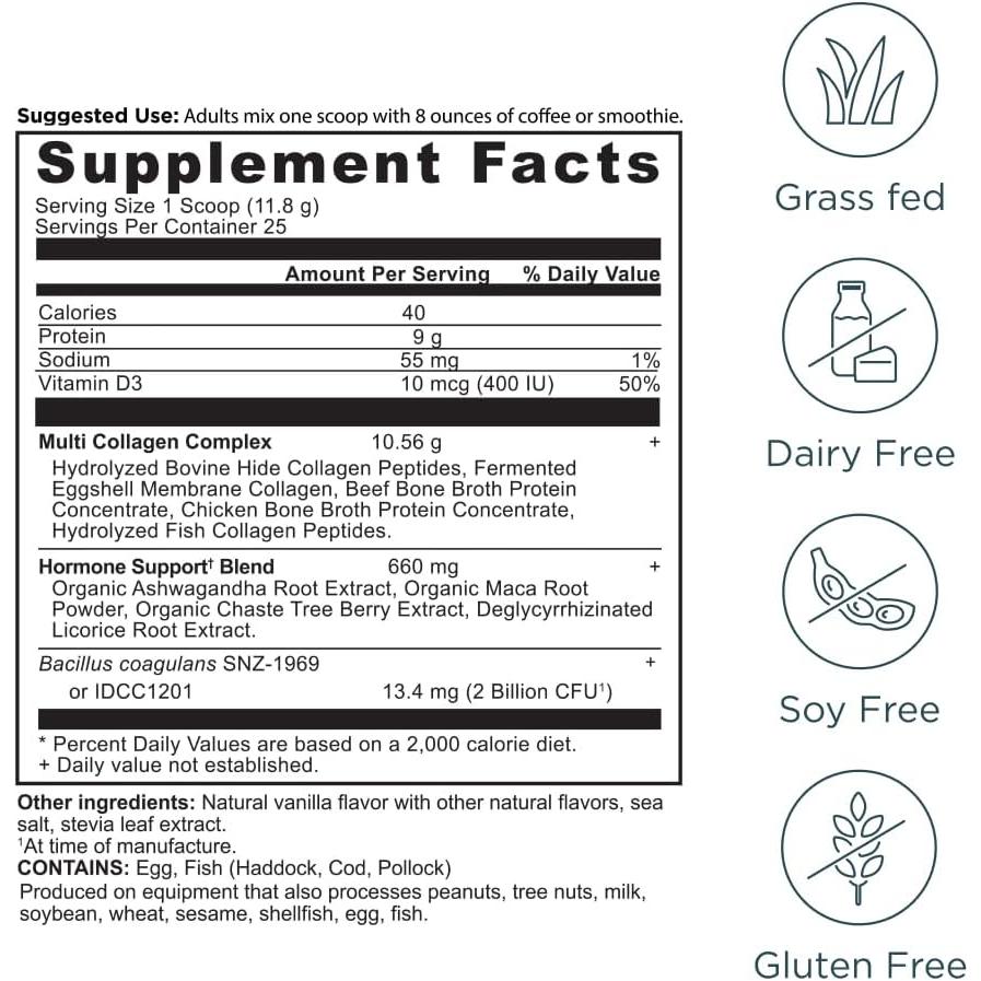 Ancient Nutrition Hormone Balance + Collagen Powder Supplement, Hydrolyzed Collagen Peptides, Vanilla, 25 Servings