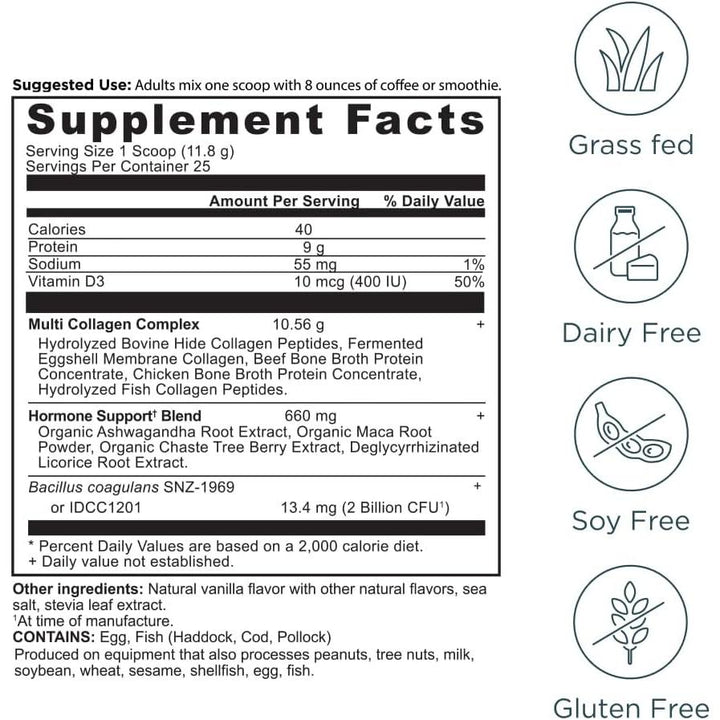 Ancient Nutrition Hormone Balance + Collagen Powder Supplement, Hydrolyzed Collagen Peptides, Vanilla, 25 Servings