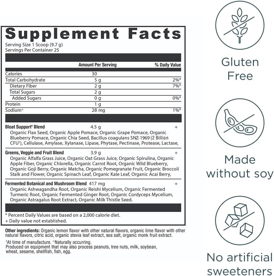 Ancient Nutrition Organic SuperGreens Bloat Relief, Digestive Enzymes, Prebiotic Fiber & Probiotics, Supports Bloat Relief & Digestive Health, 25 Superfoods, Citrus Apple, 25 Servings