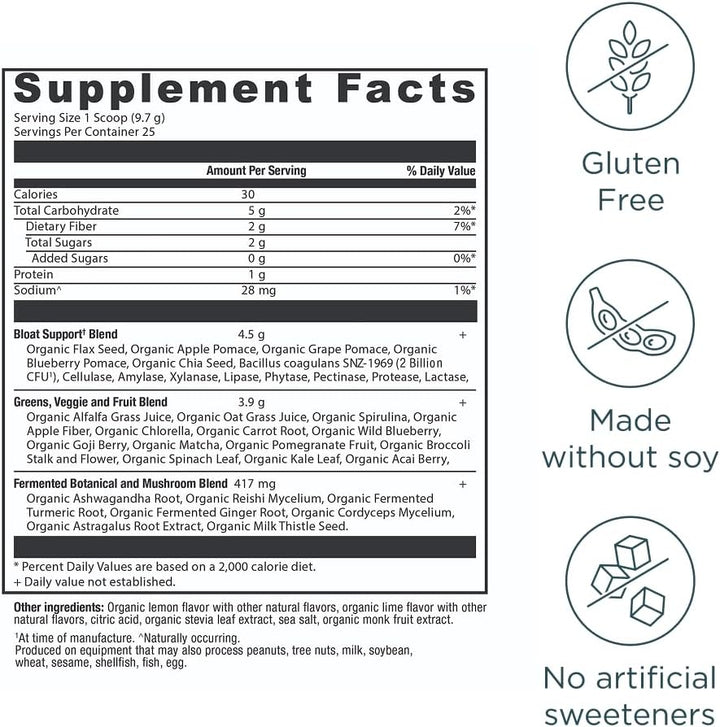 Ancient Nutrition Organic SuperGreens Bloat Relief, Digestive Enzymes, Prebiotic Fiber & Probiotics, Supports Bloat Relief & Digestive Health, 25 Superfoods, Citrus Apple, 25 Servings