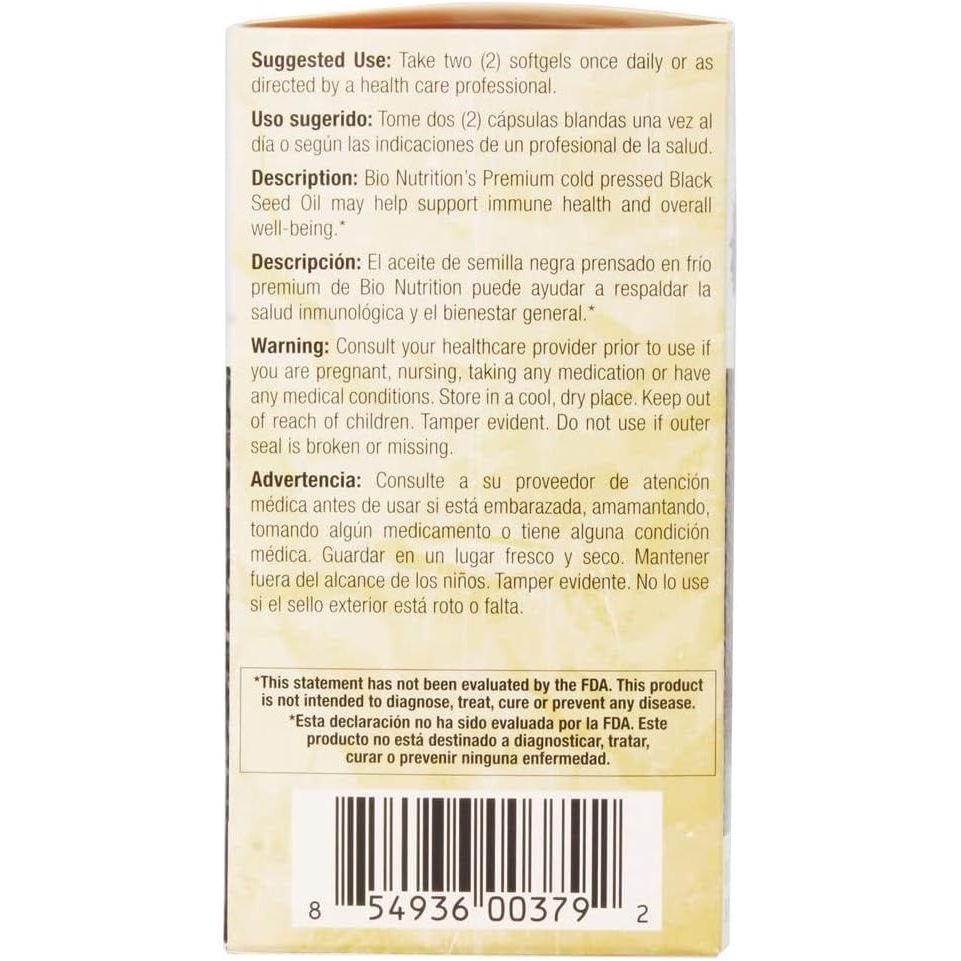 Aceite de semilla negra premium Bio Nutrition 90 cápsulas blandas 