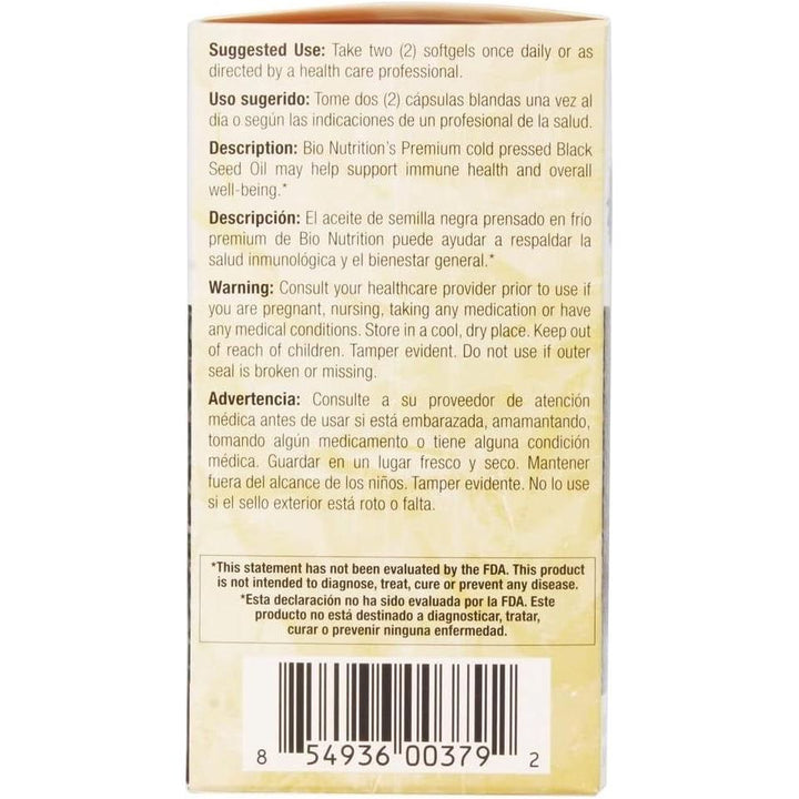 Aceite de semilla negra premium Bio Nutrition 90 cápsulas blandas 