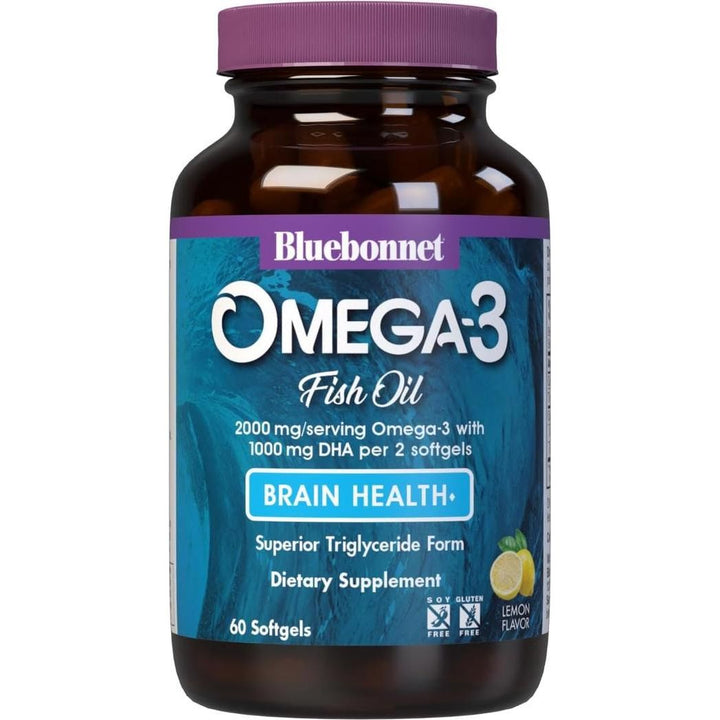 Bluebonnet Nutrition Omega-3 Brain Formula Natural Wild Caught Triglyceride Form DHA 1000 mg EPA 210 mg 60 Softgels