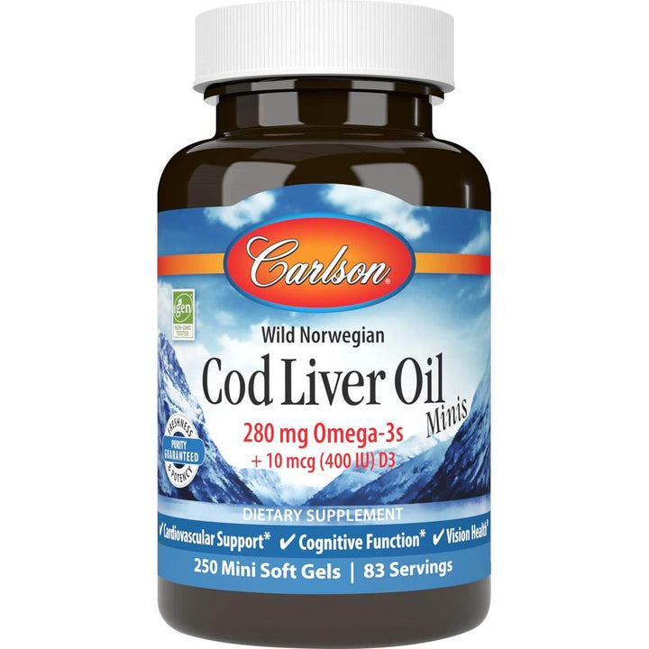 Carlson Labs Wild Norwegian Cod Liver Oil Minis 250 Mini Soft Gels Gluten-Free,