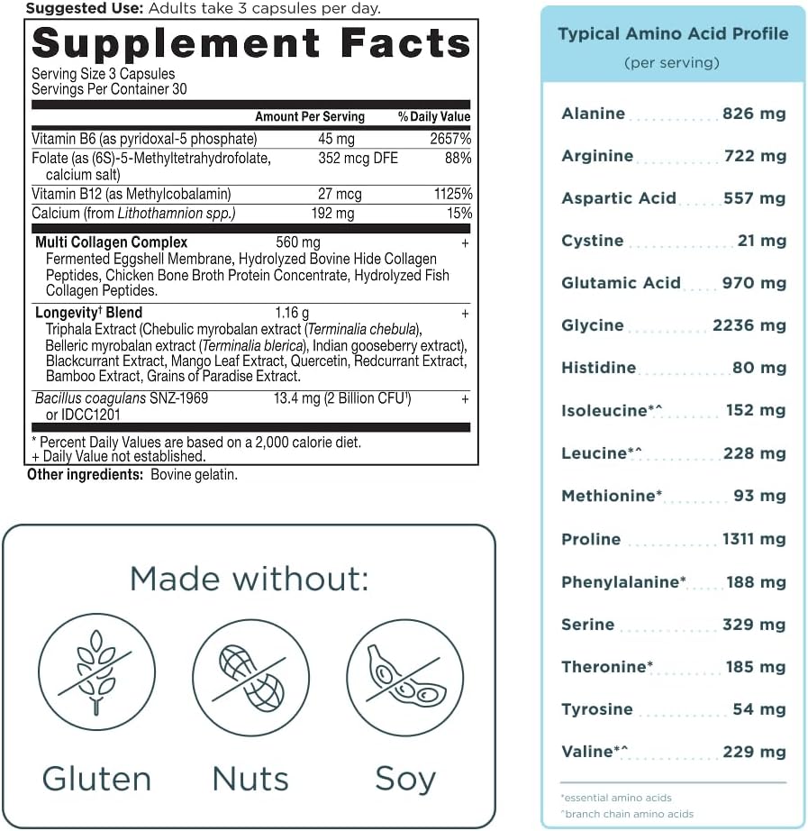 Ancient Nutrition Multi Collagen Advanced Longevity with Probiotics, Hydrolyzed Collagen Peptides Promotes Healthy Aging and Cellular Energy, 90 Count