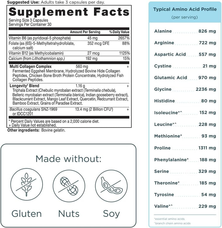 Ancient Nutrition Multi Collagen Advanced Longevity with Probiotics, Hydrolyzed Collagen Peptides Promotes Healthy Aging and Cellular Energy, 90 Count