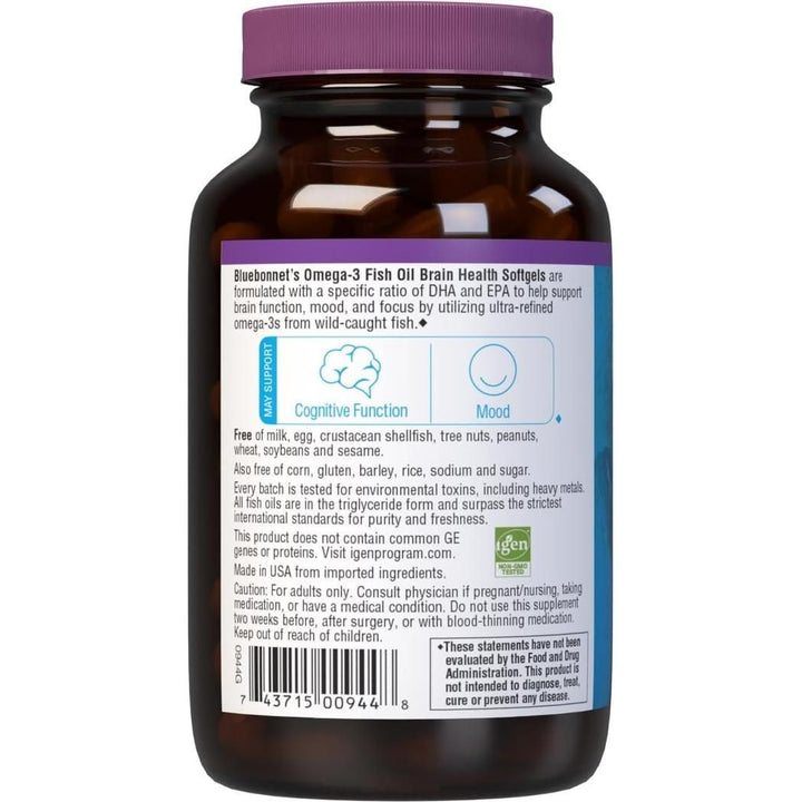 Bluebonnet Nutrition Omega-3 Brain Formula Natural Wild Caught Triglyceride Form DHA 1000 mg EPA 210 mg 60 Softgels