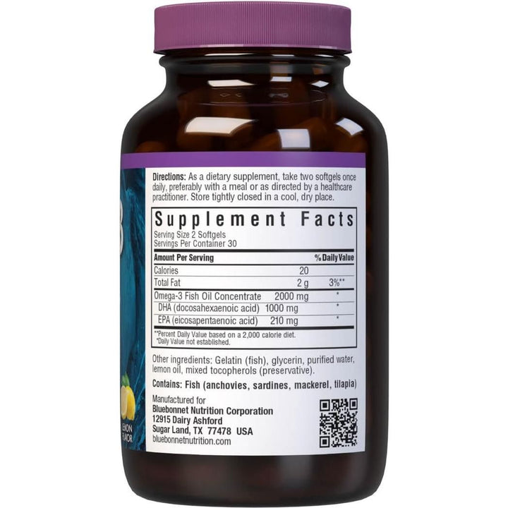 Bluebonnet Nutrition Omega-3 Brain Formula Natural Wild Caught Triglyceride Form DHA 1000 mg EPA 210 mg 60 Softgels