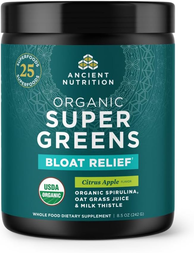 Ancient Nutrition Organic SuperGreens Bloat Relief, Digestive Enzymes, Prebiotic Fiber & Probiotics, Supports Bloat Relief & Digestive Health, 25 Superfoods, Citrus Apple, 25 Servings