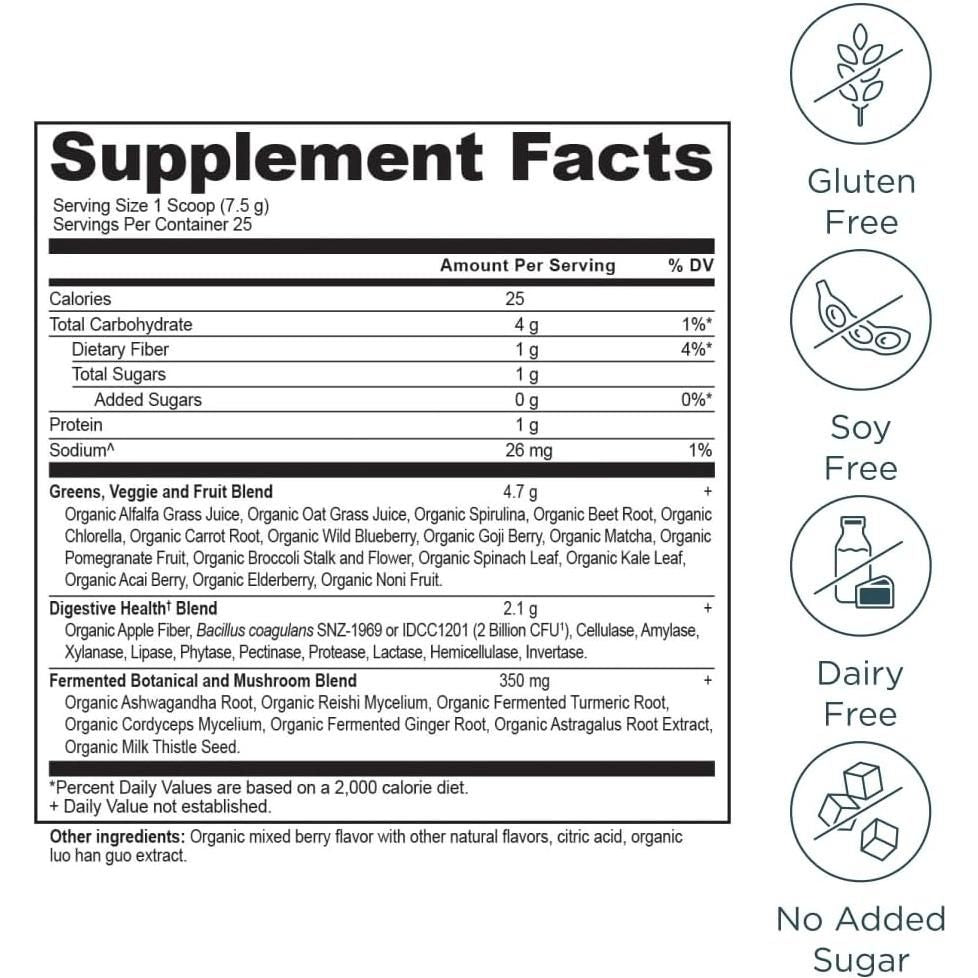 Ancient Nutrition Organic Super Greens Berry Detox Digest Energize 6.7 oz