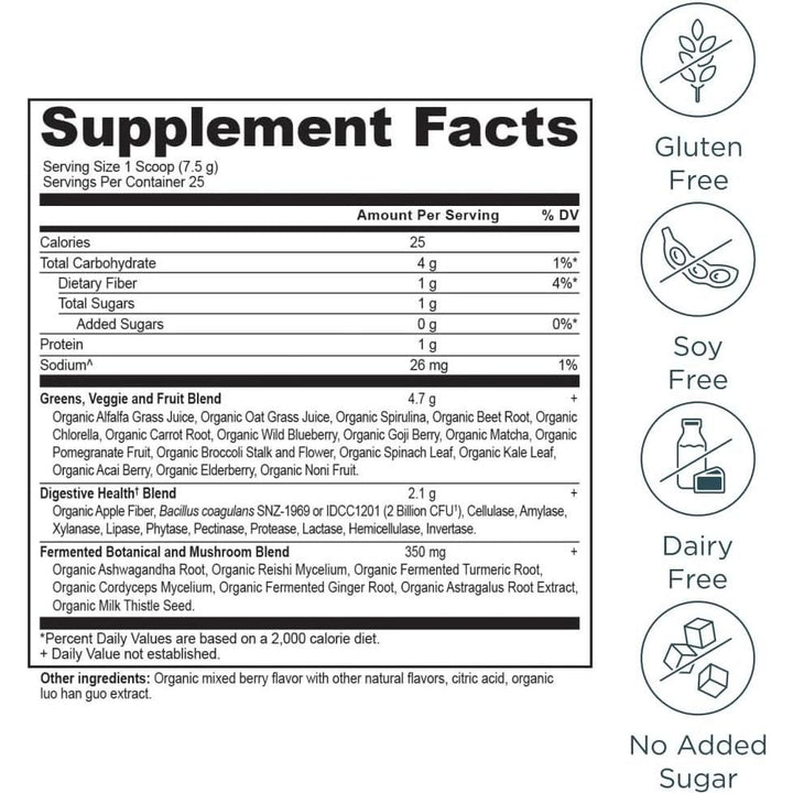 Ancient Nutrition Organic Super Greens Berry Detox Digest Energize 6.7 oz