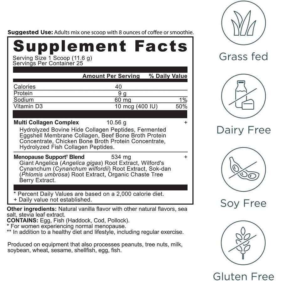 Ancient Nutrition Menopause Support + Collagen Powder Vanilla, 25 Servings