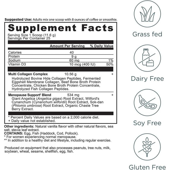 Ancient Nutrition Menopause Support + Collagen Powder Vanilla, 25 Servings
