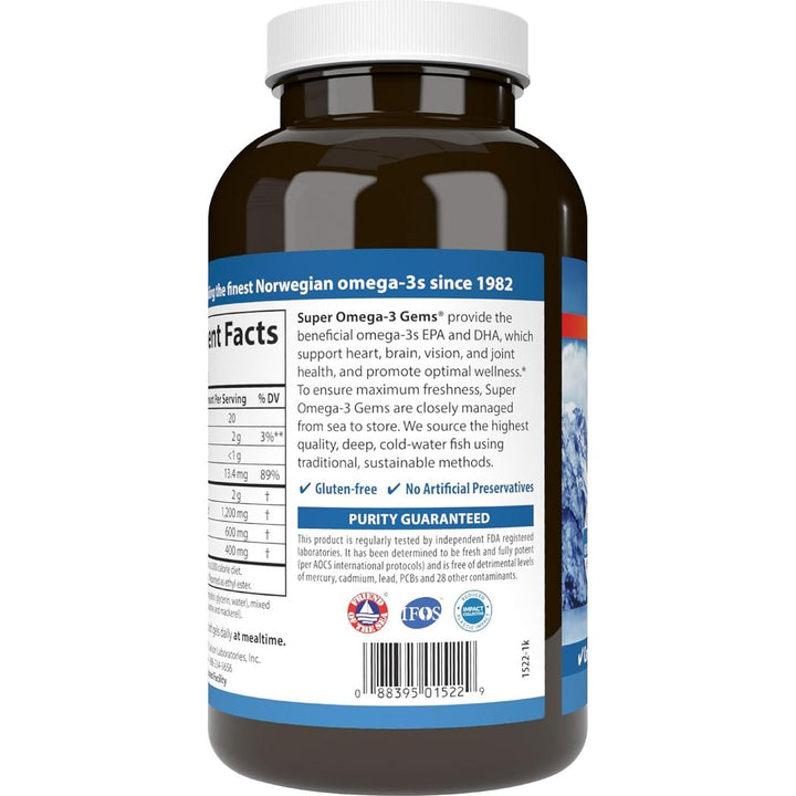 Carlson Super Omega-3 Gems, 1200 mg Omega-3s, Wild Caught, Sustainably Sourced, 250 soft gels