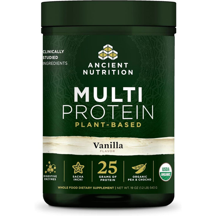 Ancient Nutrition Organic Multi Protein Plant Based Powder, 25g Protein, Hydrolyzed Pea Protein, Digestive Enzymes & Probiotics, Supports Muscle & Gut Health, Vanilla, 15 Servings