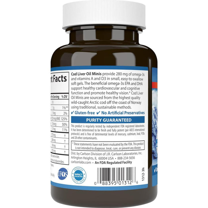 Carlson Labs Wild Norwegian Cod Liver Oil Minis 250 Mini Soft Gels Gluten-Free,