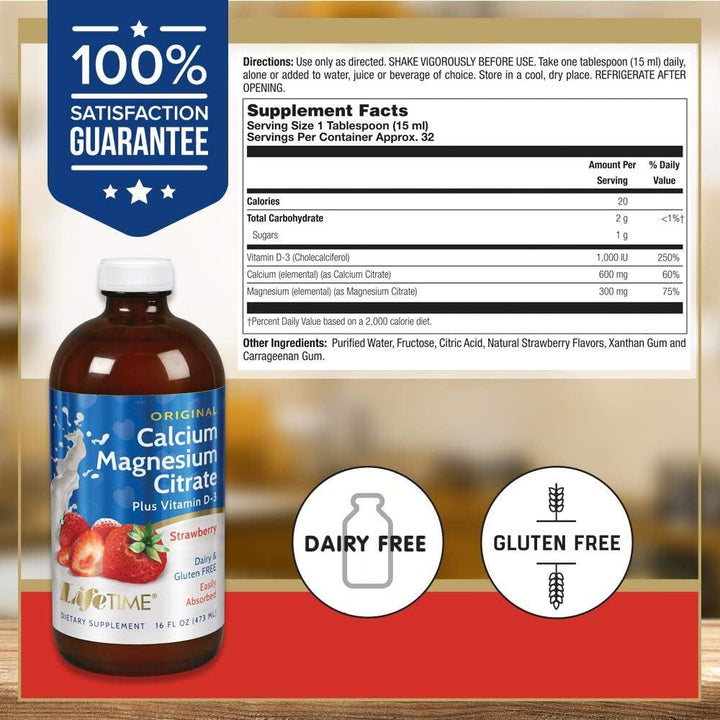 Citrato de calcio y magnesio de por vida más vitamina D-3, sabor fresa - 16 fl. oz