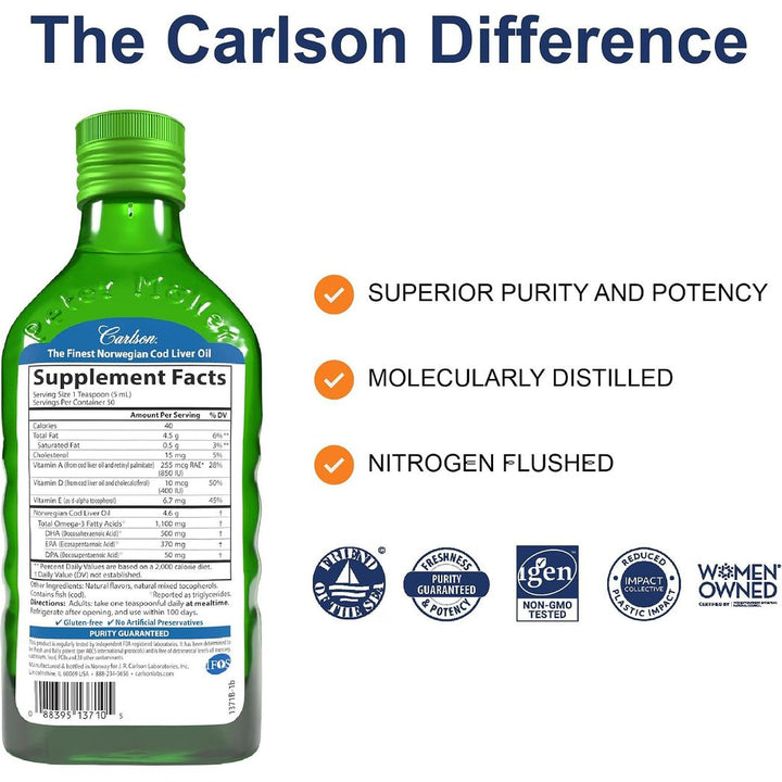 Carlson Cod Liver Oil Liquid Green Apple 250 mL 8.4oz