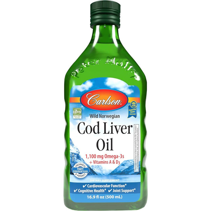 Carlson Cod Liver Oil 1100 mg Omega-3s Wild-Caught Norwegian Arctic Cod Unflavored 16.9 Fl Oz