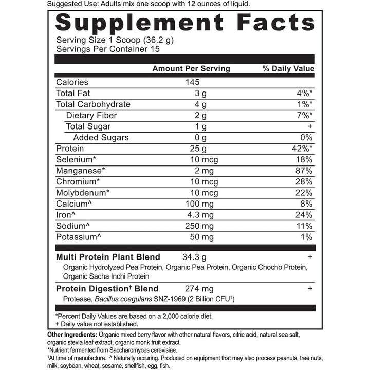 Ancient Nutrition Organic Multi Protein Plant Based Powder, 25g Protein, Hydrolyzed Pea Protein, Digestive Enzymes & Probiotics, Supports Muscle & Gut Health, Mixed Berry, 15 Servings