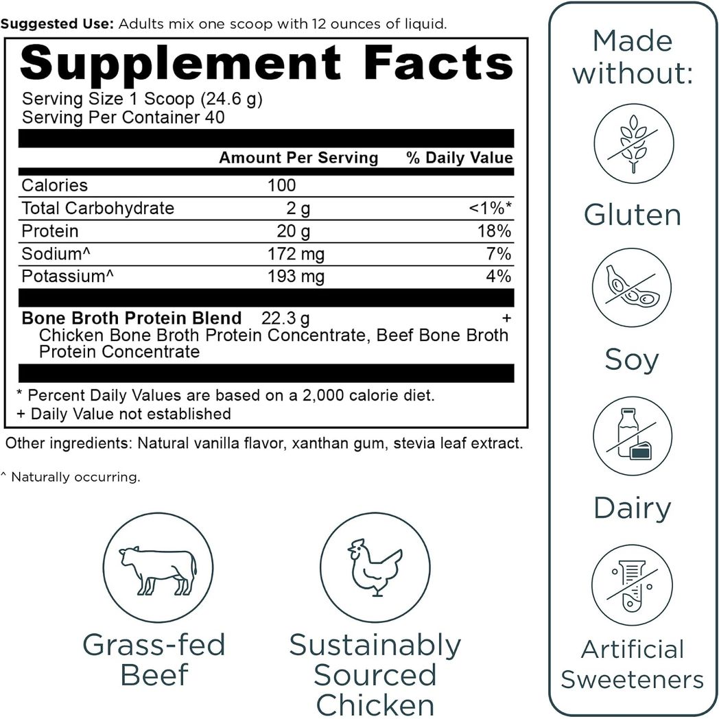Ancient Nutrition Grass Fed Bone Broth Protein Powder, Vanilla 34.7oz 2.2lb