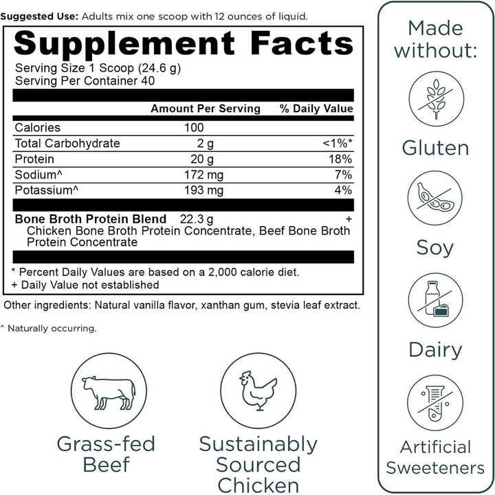 Ancient Nutrition Grass Fed Bone Broth Protein Powder, Vanilla 34.7oz 2.2lb