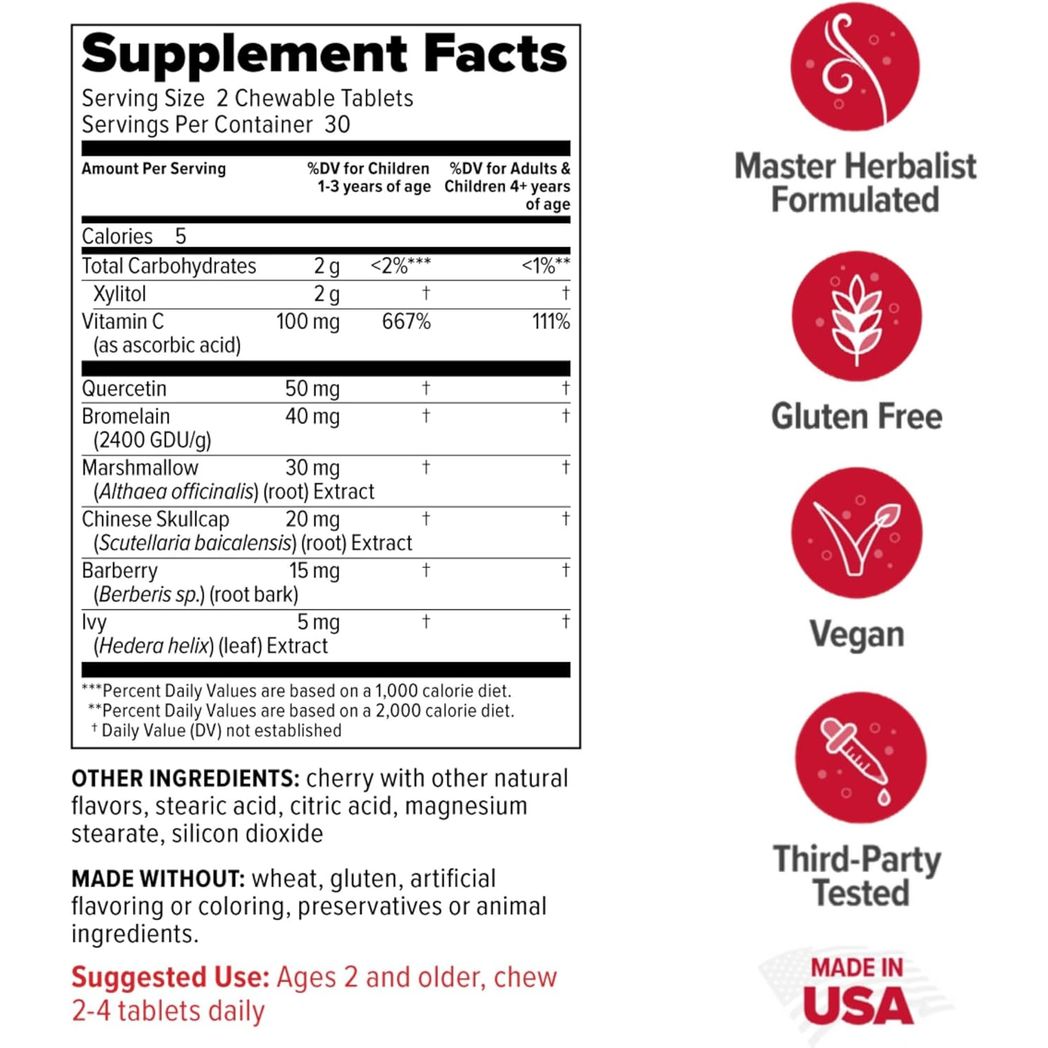 Redd Remedies Children's Sinus Support Immune and Respiratory Health Formula Cherry Flavor 60 Chewable Tablets