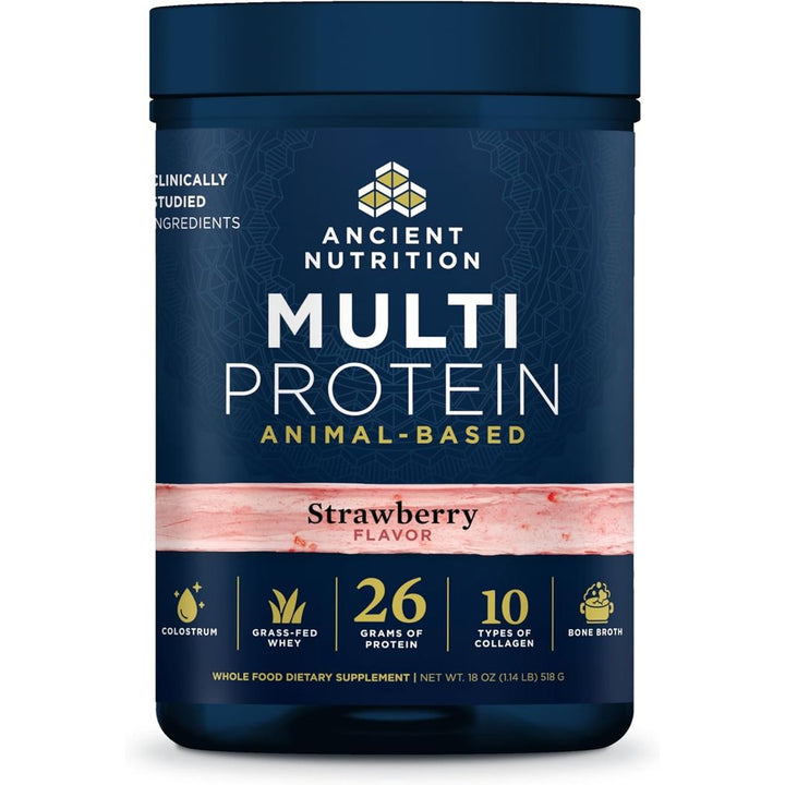Ancient Nutrition Multi Protein Animal Based Powder, 26g Protein, Grass Fed Whey, Bone Broth, Collagen Peptides, Colostrum & Probiotics, Supports Joint & Gut Health, Strawberry, 15 Servings