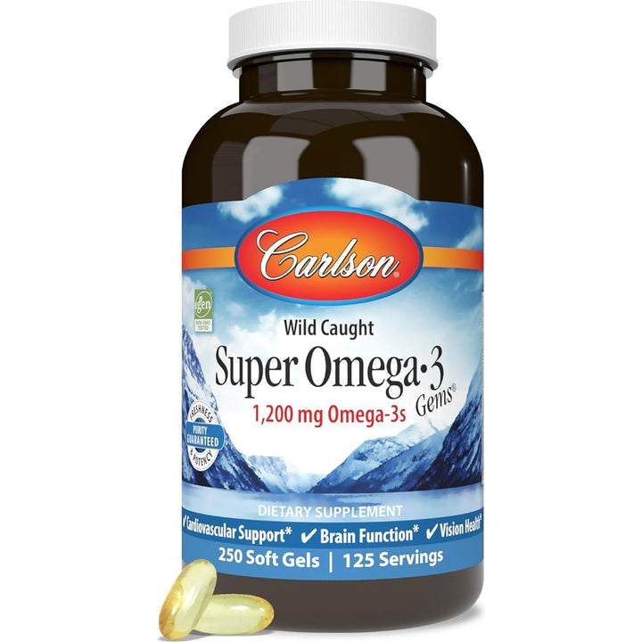 Carlson Super Omega-3 Gems, 1200 mg Omega-3s, Wild Caught, Sustainably Sourced, 250 soft gels