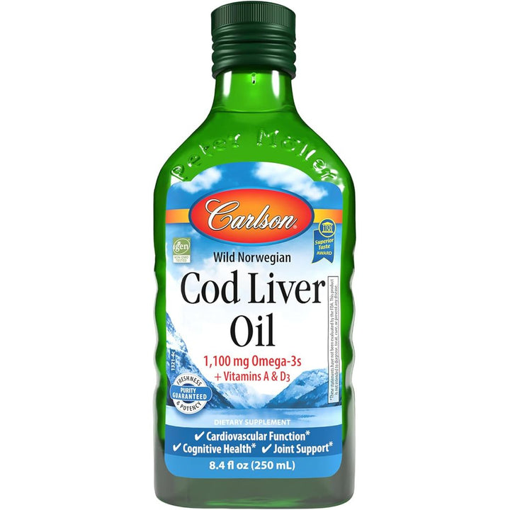 Carlson Cod Liver Oil 1100 mg Omega-3s Wild Caught EPA DHA Omega 3 Supplement Norwegian Arctic Unflavored 8.4 Fl Oz