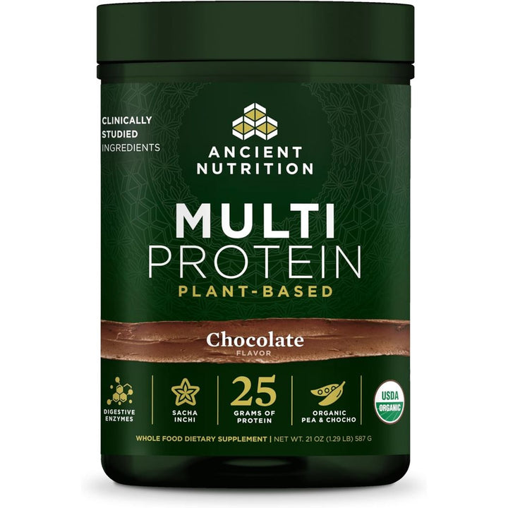 Ancient Nutrition Organic Multi Protein Plant Based Powder, 25g Protein, Hydrolyzed Pea Protein, Digestive Enzymes & Probiotics, Supports Muscle & Gut Health, Chocolate, 15 Servings