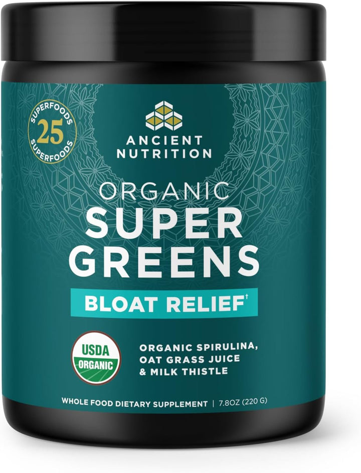 Ancient Nutrition Organic SuperGreens Bloat Relief, Digestive Enzymes, Prebiotic Fiber & Probiotics, Supports Bloat Relief & Digestive Health, 25 Superfoods, 25 Servings