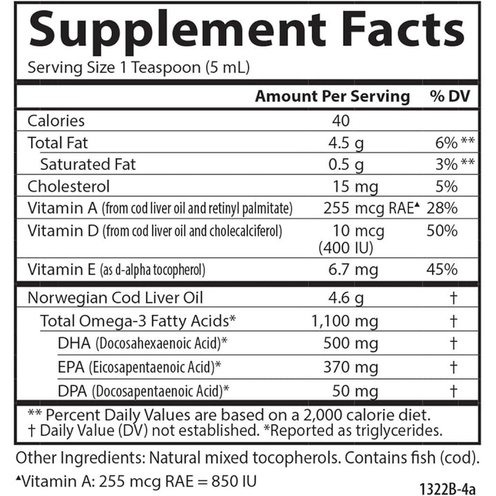 Carlson Cod Liver Oil 1100 mg Omega-3s Wild-Caught Norwegian Arctic Cod Unflavored 16.9 Fl Oz