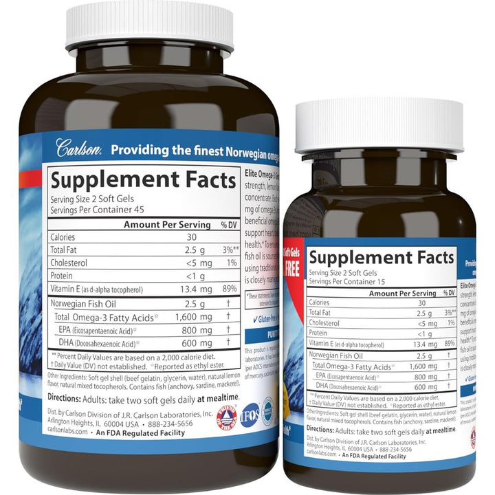 Carlson Elite Omega-3 Gems 1600 mg Fish Oil - 90 + 30 Soft Gels
