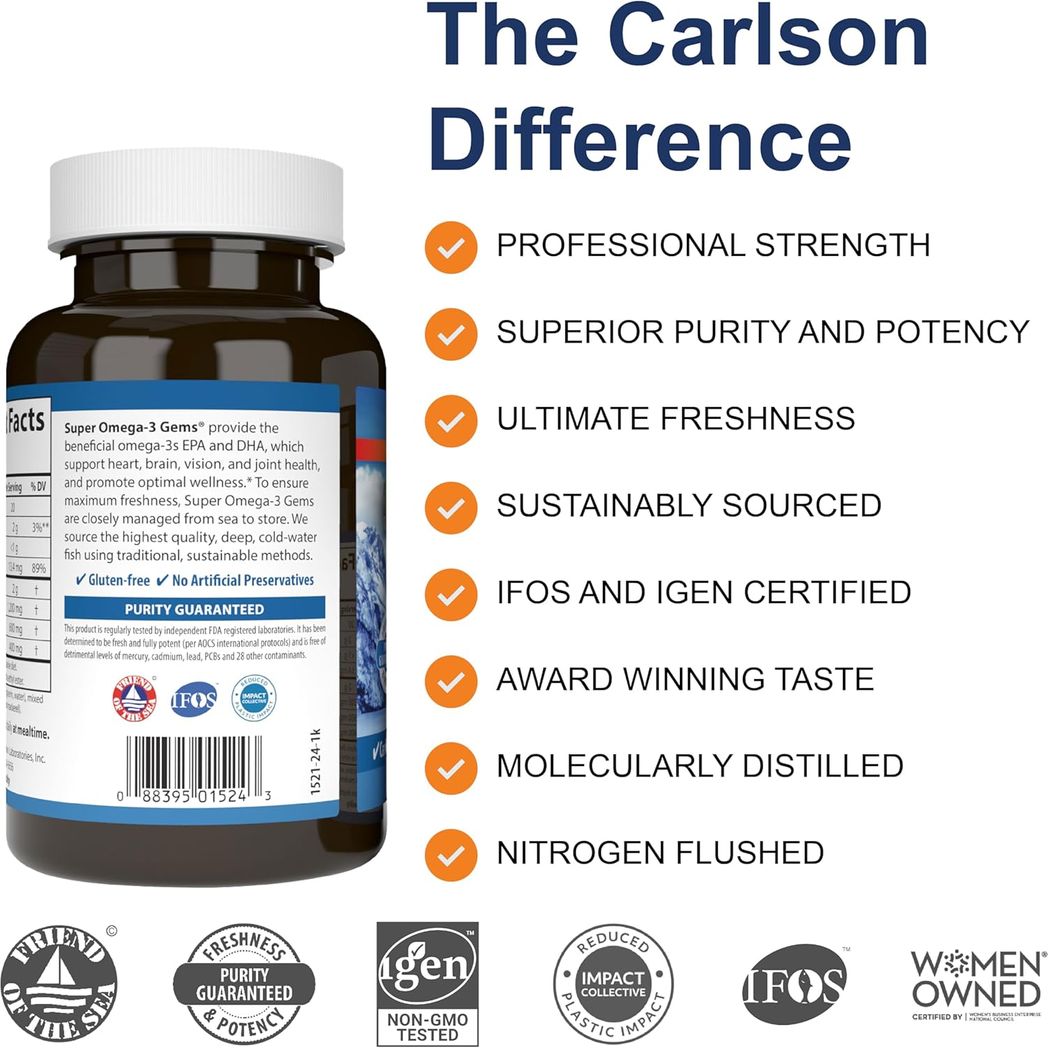 Carlson Super Omega-3 Gems, 1200 mg Omega-3 100 + 30 softgels